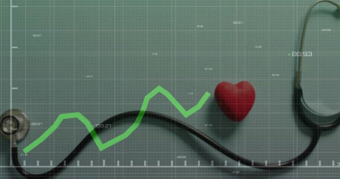 Animation of stethoscope and heart shape over fluctuating line graph on grid