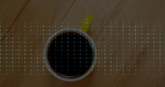 White ceramic coffee cup glowing with neon ECG waveform dancing across cyan grid on wooden tabletop