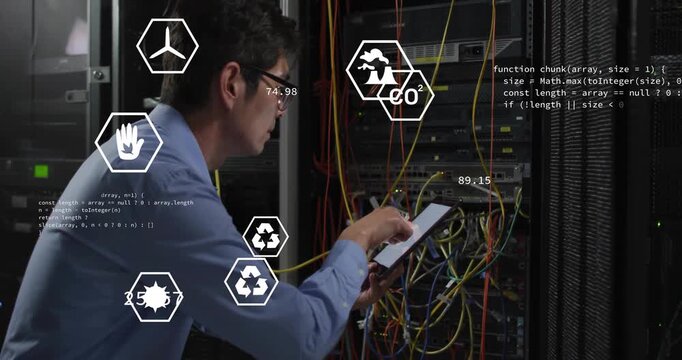 IT tech plugging cables and swiping tablet adding floating eco metrics icons around server racks