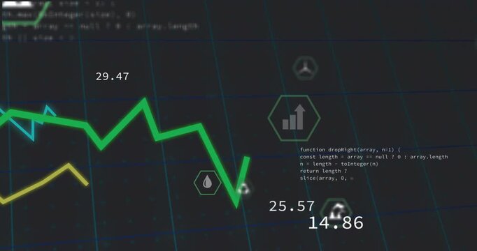 Neon-blue grid opening drifting hex icons animating line charts showing environmental data trends