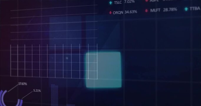 Glowing square toggling between cells initiating grid lines and charts showing finance data