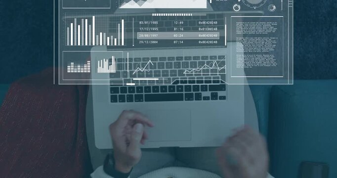 Man using phone above laptop, causing HUD charts and globe updating while analyzing business data