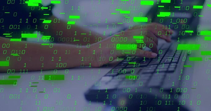 Woman tech worker typing at desk, keystrokes causing green binary overlay growing and masking keys