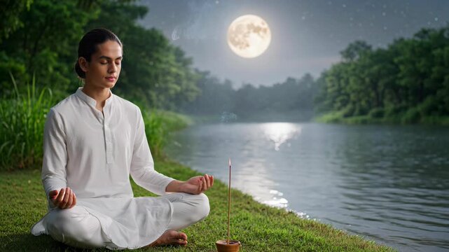 Serene Woman Practicing Meditation by River Under Full Moon During Jyeshtha Adhika Purnima Festival
