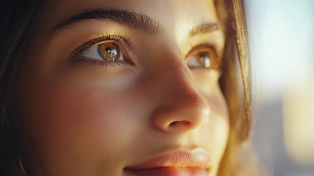 Female face with freckles, looking straight ahead and smiling. Clear skin texture. Soft focus on facial features.