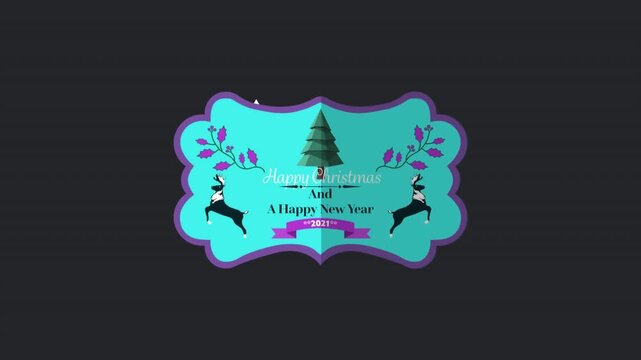 Animation of happy christmas and new year text, in blue seasonal greetings card, on black