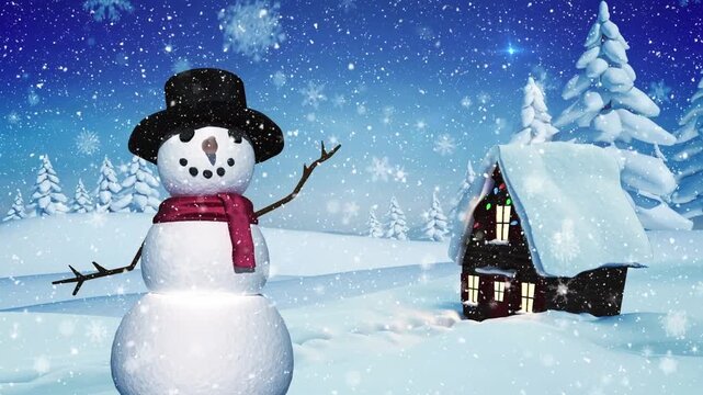 Animation of snowman over winter scenery with snow falling