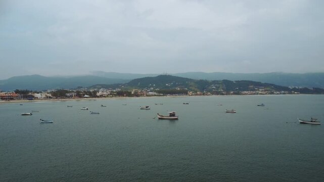 Garopaba Bay Drone View with Fishing Boats, Turquoise Sea and Rocky Coastline