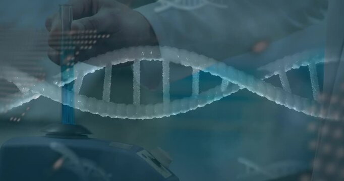 Animation of spinning dna strand an data processing over caucasian scientist in laboratory