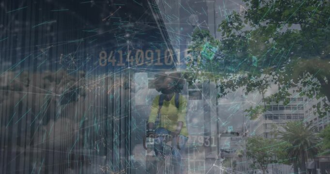 Animation of network of connections over african american woman on bike and clouds