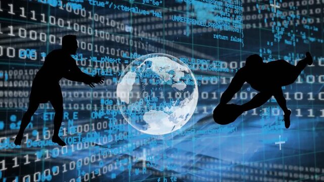 Animation of digital interface and rugby players over dark background