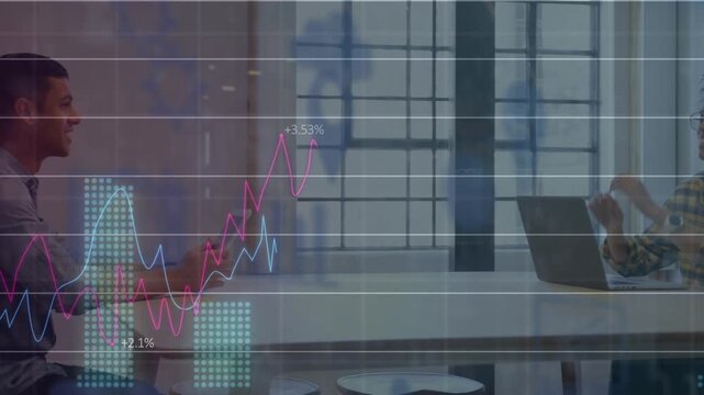 Animation of data processing with graph and icons over diverse business people