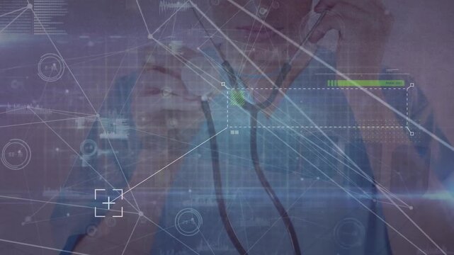 Animation of network of connections over caucasian female doctor with stethoscope