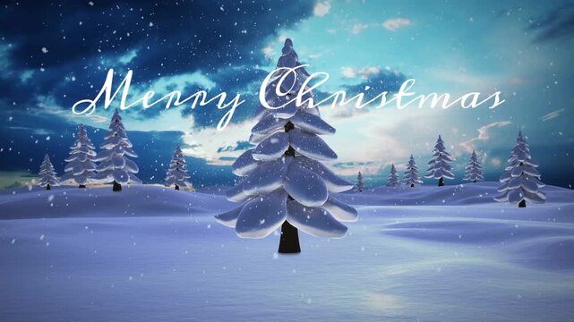 Animation of merry christmas tree and snow falling on coniferous trees on landscape against sky