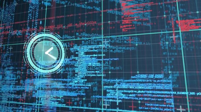Animation of digital clock and programming language and grid pattern over black background