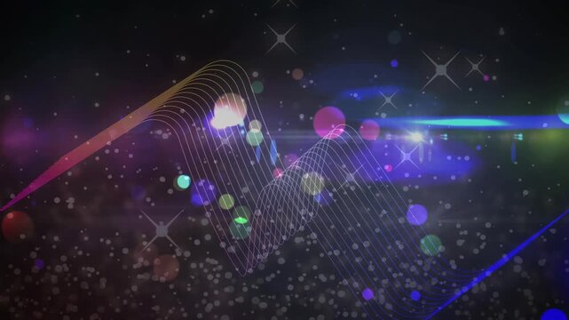 Animation of glowing multi coloured light trails and snow falling on black background