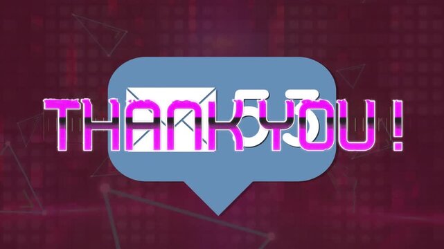 Animation of thank you over number of emails and purple background