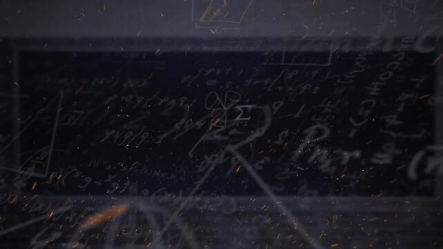 Animation of fire sparks over mathematical equations and diagrams against black background