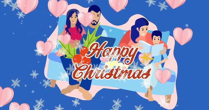 Animation of hearts, snowflakes, merry christmas text over family spending quality time on sofa