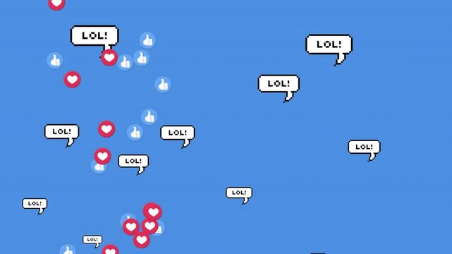 Animation of lol text in speech bubbles with heart shape and thumbs up icons over blue background