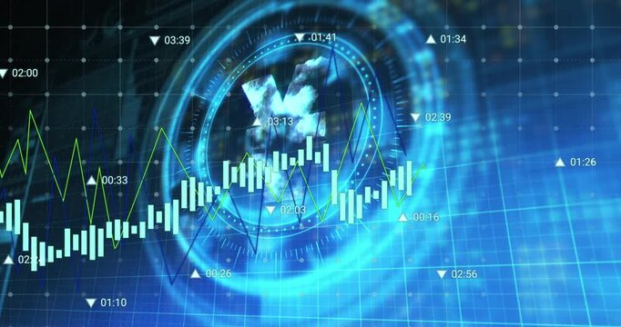 Animation of financial data processing over scope scanning with yen symbol on black background
