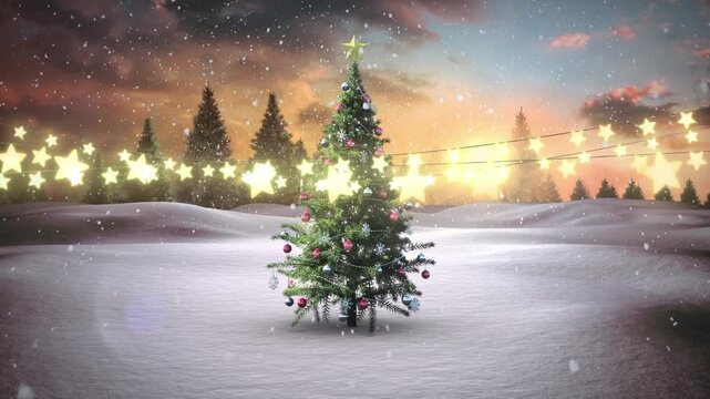 Animation of snow falling over hanging fairy lights and decorated christmas tree on winter landscape