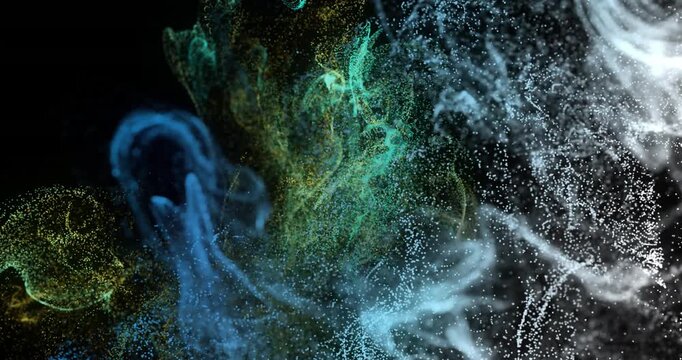 Animation of multicolored dots forming dynamic wave patterns against black background