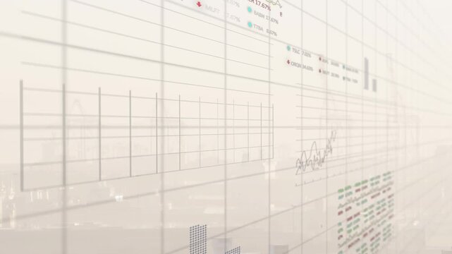 Animation of statistical and stock market data processing against aerial view of cityscape