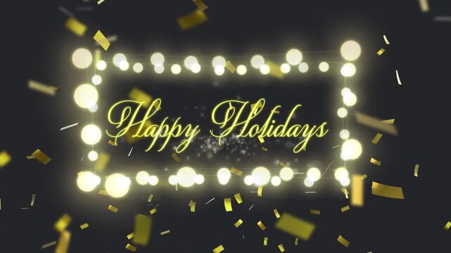 Animation of happy holidays text over confetti and christmas fairy lights on black background