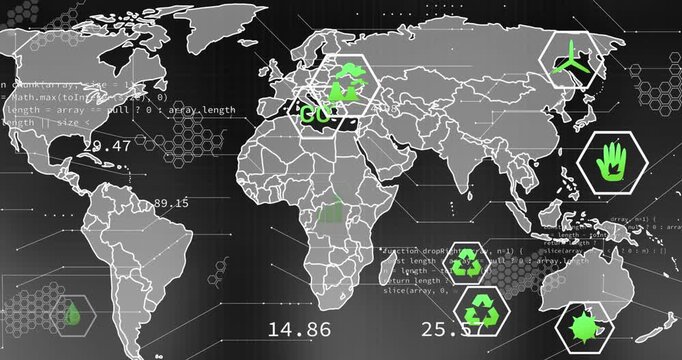 Animation of digital icons and data processing over world map against grey background