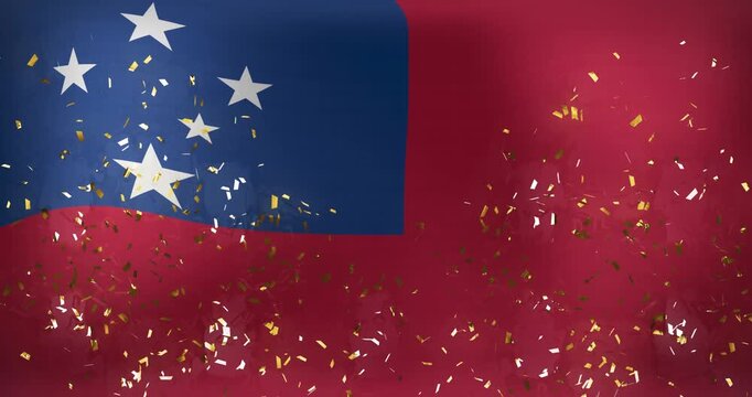 Animation of falling confetti over waving flag of samoa in background