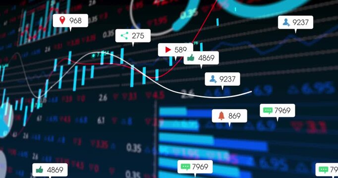 Animation of social media icons floating against statistical and stock market data processing