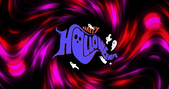 Happy Halloween text animation with ghosts over swirling red and purple background