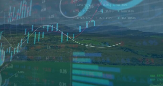 Semi transparent financial data being overlaid on rolling fields showing candlesticks and lines
