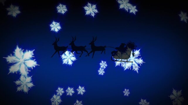 Animation of father christmas in sleigh silhouette over snowflakes and blue background