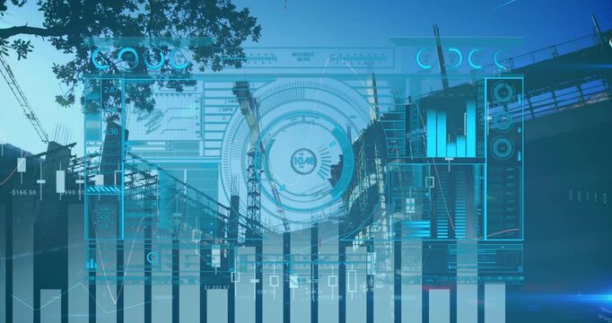 Digital animation of infographic interface with graph and scanning against construction building