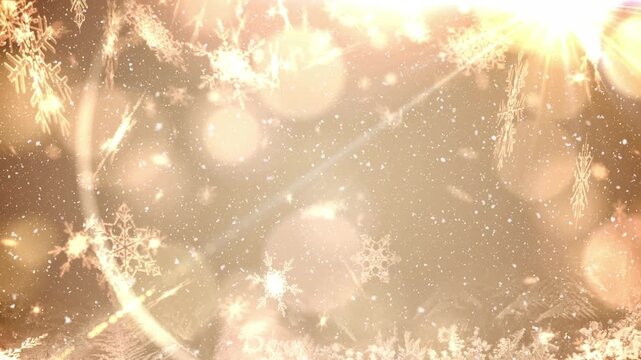 Animation of snowflakes and snow over gold bokeh