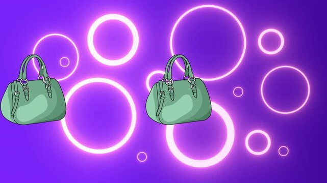 Animation of female purses over violet background with neon circles