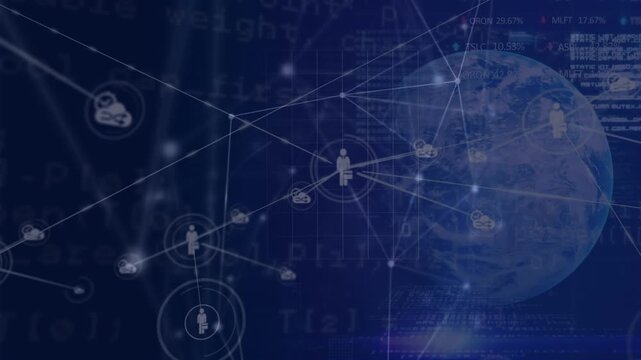 Animation of computer icons connected with lines, globe with stock market data and computer codes