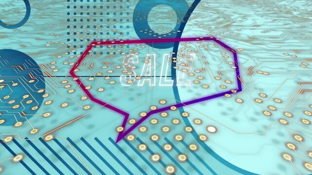 Animation of sale text in bubble speech, circles and circuit board pattern over blue background