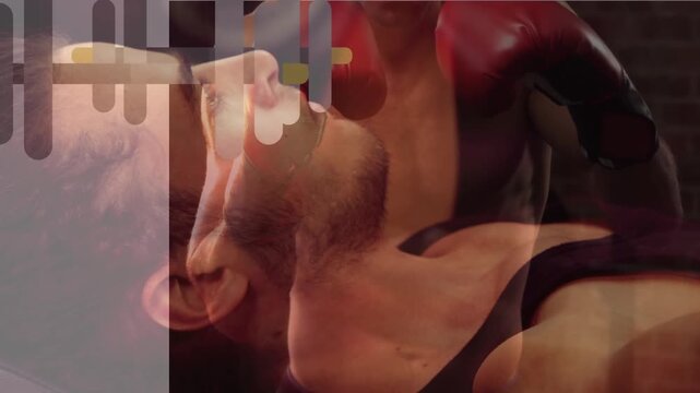 Animation of weights icons over caucasian sports people exercising at gym