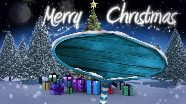 Animation of snow falling on blue signboard with copy space against gifts boxes on winter landscape