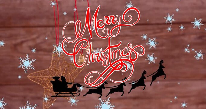 Animation of christmas greetings text over snow falling, santa claus and christmas decorations