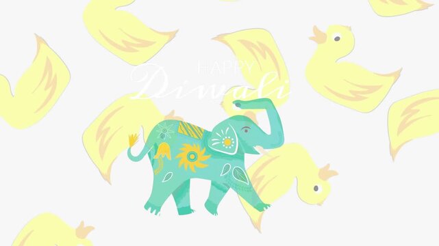 Animation of decorated elephant icon against duck icons in seamless pattern on white background