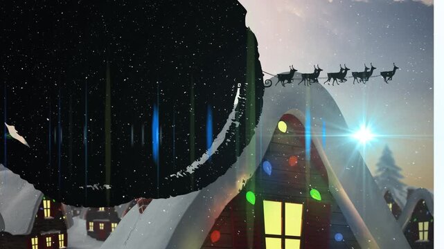 Animation of christmas santa claus in sleigh with reindeer and snow falling in winter scenery