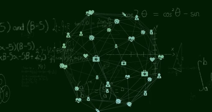 Animation of network of connections with icons over mathematical equations on black background