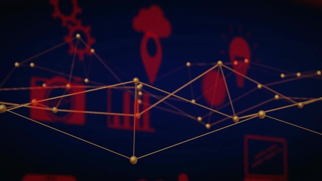 Network of connections and data processing animation over abstract red icons