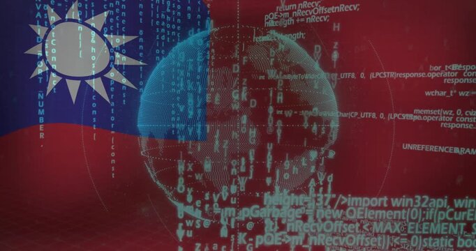 Animation of digital globe with binary code over Taiwan flag, symbolizing technology