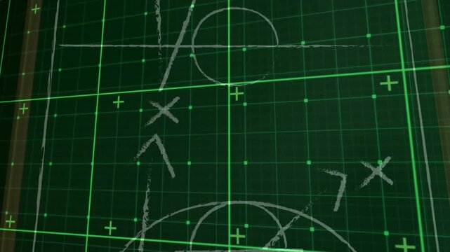Football strategy animation on chalkboard with green grid in school setting