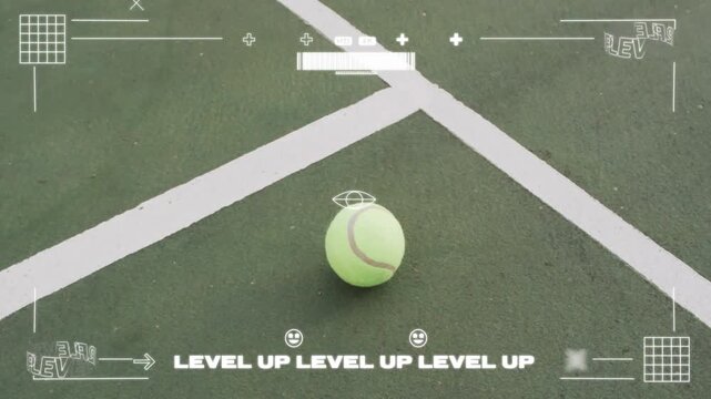 Resting tennis ball forming court lines on textured green court, showing HUD overlay